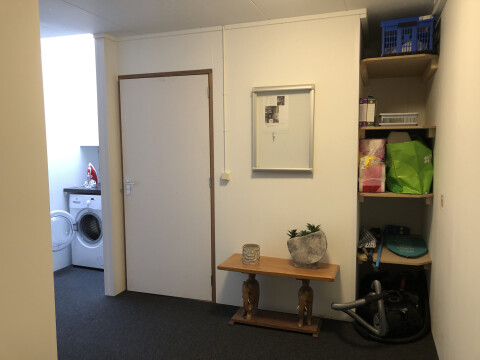 de gang met de hoek voor de wasmachine en deur naar de douche